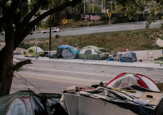 Tents line both sides of a boulevard