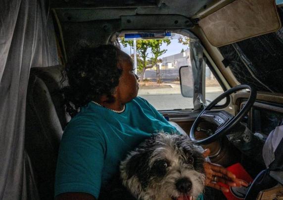 An individual sitting in their car with a dog.