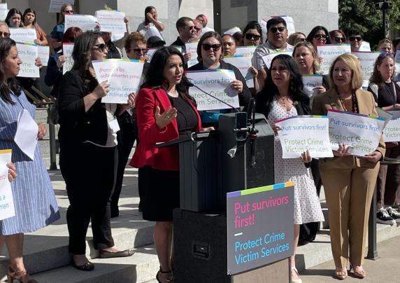 State senator and advocates gather on the capitol steps