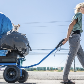 A woman pulls a wagon filled with her belongings